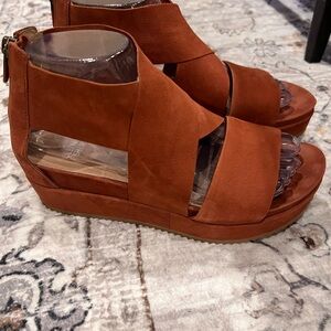 Eileen Fisher Brown Crisscross Nubuck Leather  Wedge Sandals